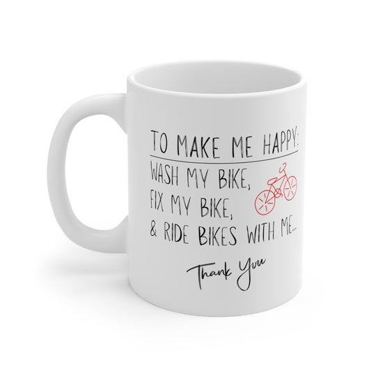 "Alt tag: 11oz ceramic biking mug featuring 'To make me happy' quote on bike care and riding companionship."