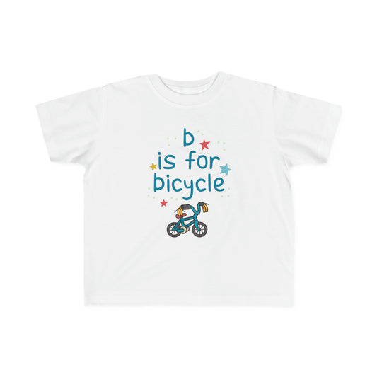 Toddler boy's t-shirt displaying 'B is for Bicycle' in playful font