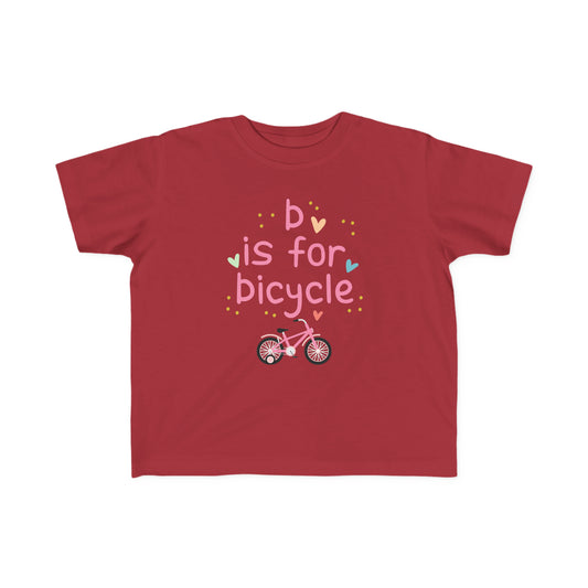 Toddler girl's biking shirt with 'B is for Bicycle' graphic.