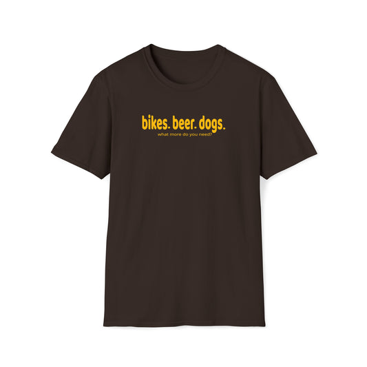 Biking T-Shirt featuring Bikes, Beer, and Dogs - Express your passion for cycling, brews, and furry companions with this stylish tee."