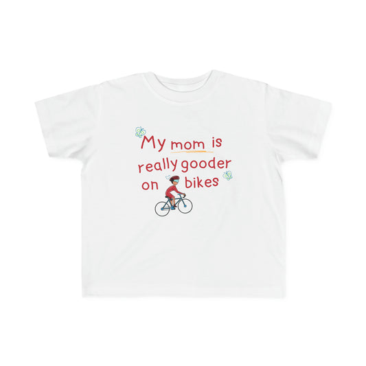 Kids' biking tee with 'My Mom Is Gooder on Bikes' playful slogan.